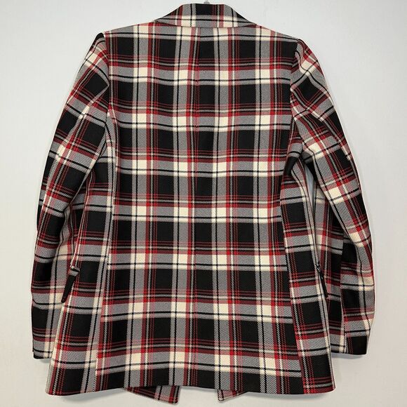H&M Double Breasted Blazer Women 4 Red Black Tartan Plaid Oversize Career Preppy - Picture 6 of 11